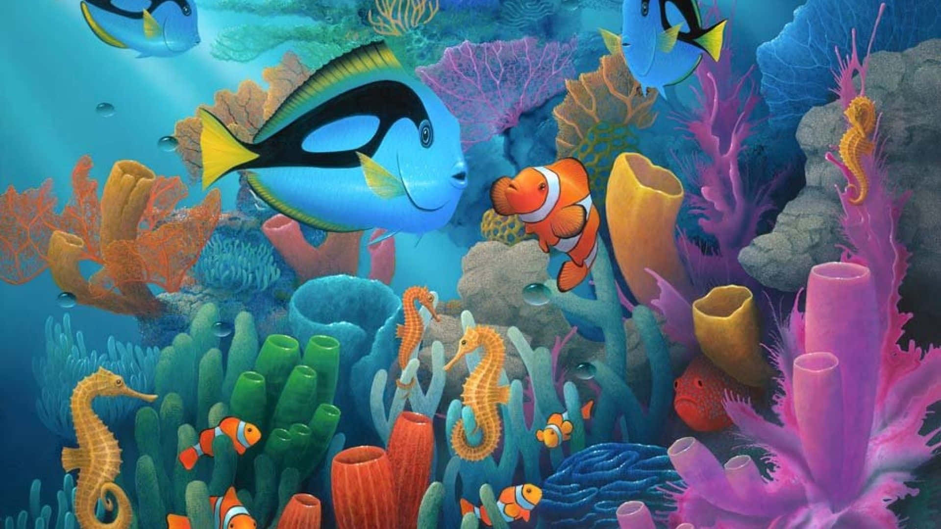 海底總動員 桌布 壁紙 — 充滿活力的珊瑚礁，在陽光照耀的海水中，充滿了色彩繽紛的魚類、海馬和海葵。