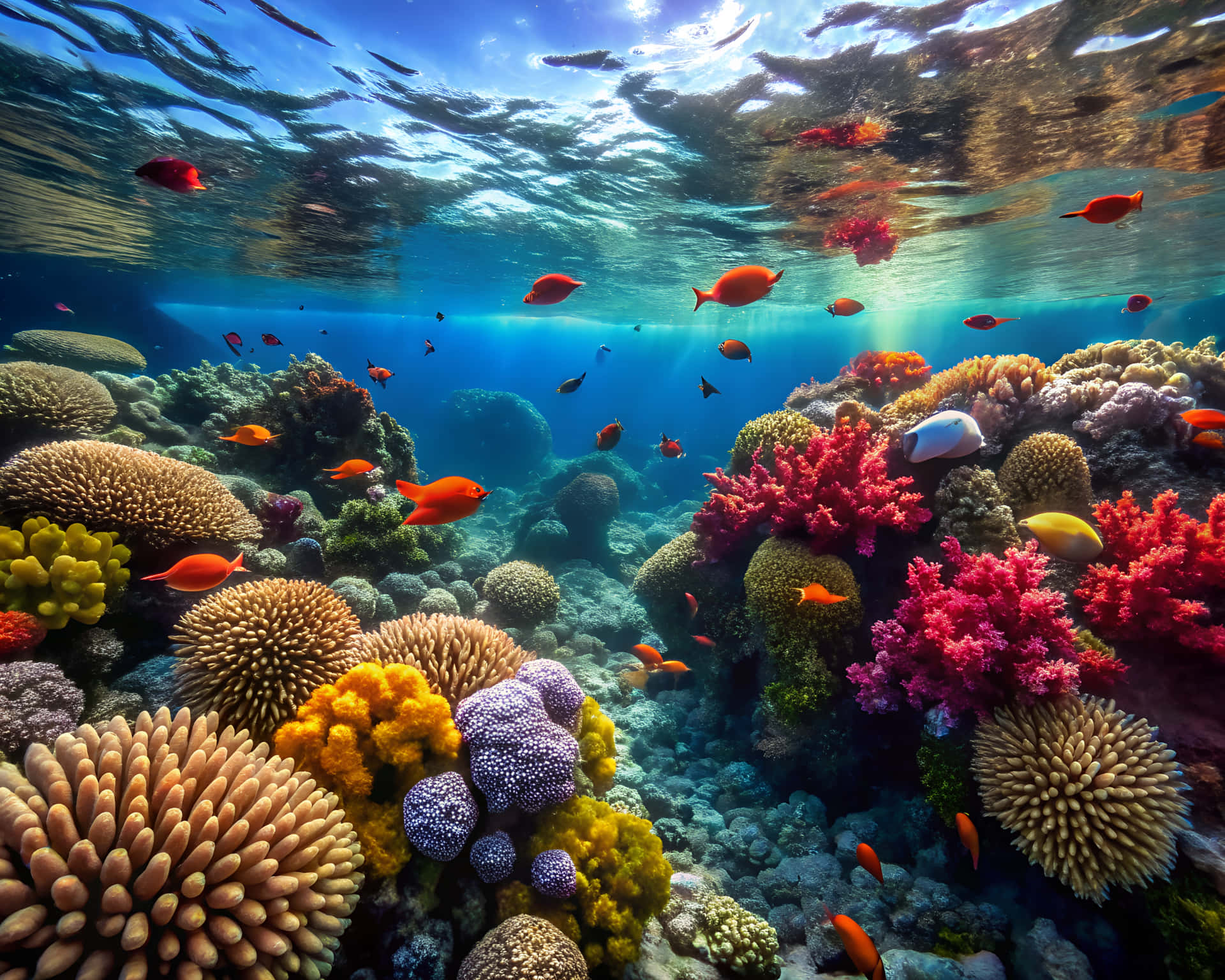 Ocean floor 壁紙 — 充滿活力的珊瑚礁，在陽光照耀的藍色海水下，充滿橙色魚類和色彩繽紛的珊瑚。