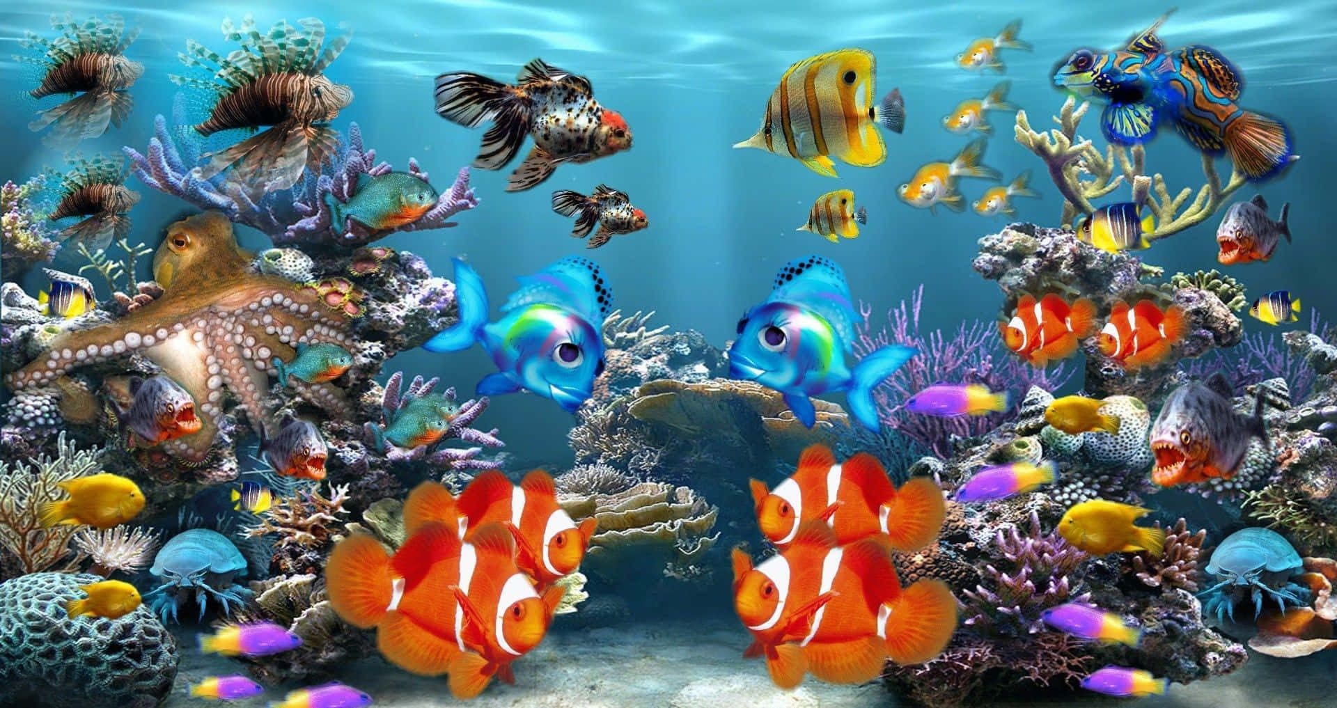 HD Fish 桌布 壁紙 — 充滿活力的珊瑚礁，色彩繽紛的熱帶魚（包括小丑魚和神仙魚）在各種珊瑚和章魚之間游動。