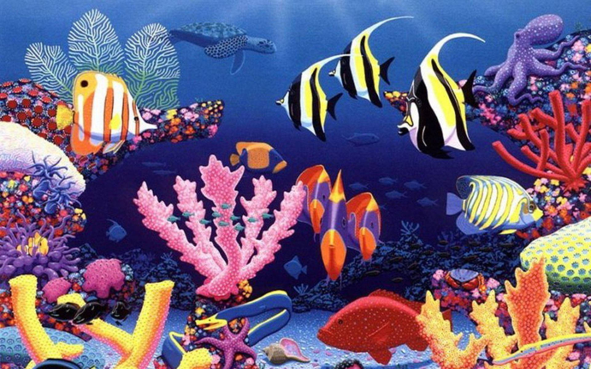 酷魚 桌布 壁紙 — 充滿活力的珊瑚礁，色彩繽紛的熱帶魚、章魚和海龜在深藍色海洋中游動。