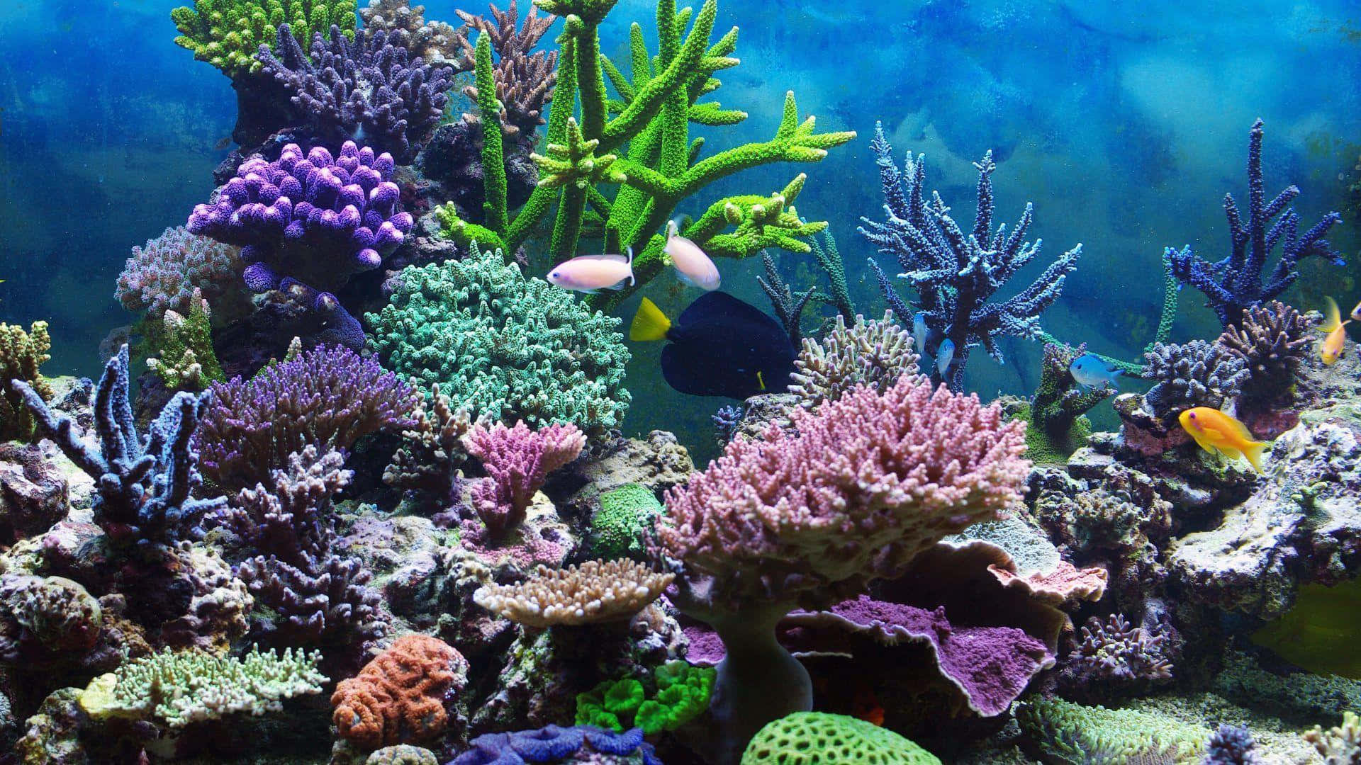 Coral Reef 桌布 壁紙 — 充滿活力的珊瑚礁，色彩繽紛的魚群在藍色海水下的紫色、綠色和粉紅色珊瑚之間游動。