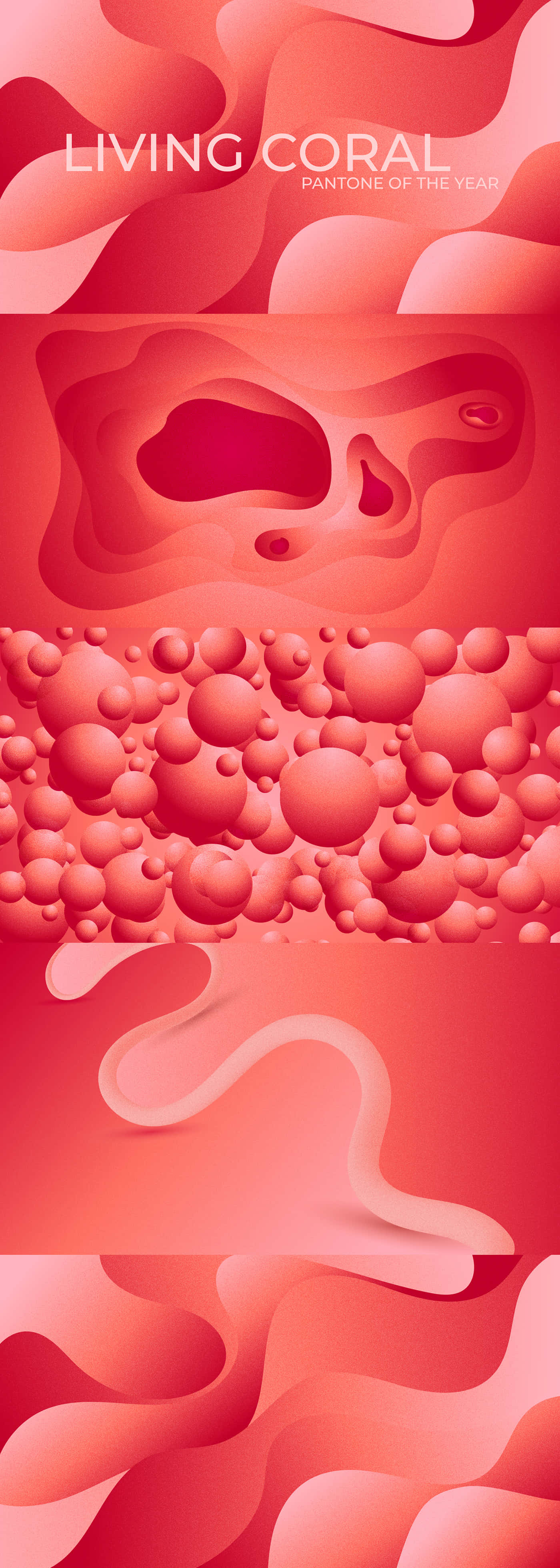 coral 桌布 壁紙 — 充滿活力的珊瑚粉紅色抽象波浪和氣泡，分層3D渲染數位藝術。