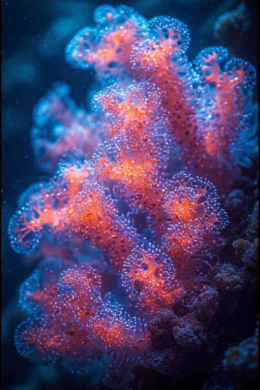 Neon Coral Polyps Close-Up – 8K Macro Underwater 壁紙 — 充滿活力的珊瑚結構在深藍色海洋背景下散發出火熱的橙色和電光藍色調。