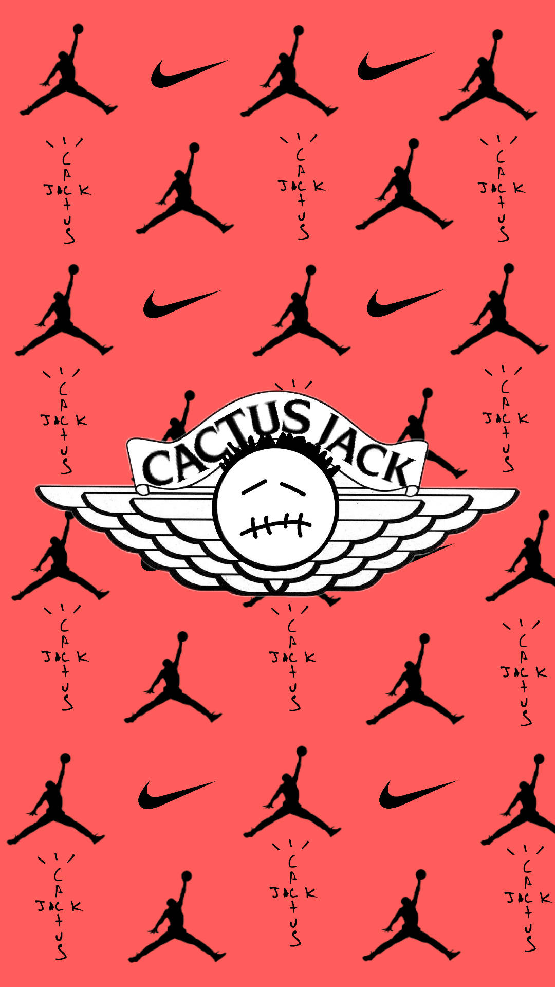 Cactus Jack 桌布 壁紙 — 充滿活力的珊瑚色背景，重複的黑色Jumpman標誌和Nike勾勾圍繞著中央帶有縫合臉孔和翅膀的Cactus Jack標誌。