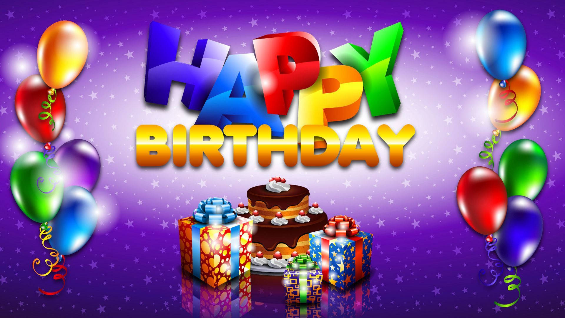 生日快樂 桌布 壁紙 — 充滿活力的生日快樂文字，搭配彩色氣球、禮物和蛋糕，背景是閃爍的紫色星空。