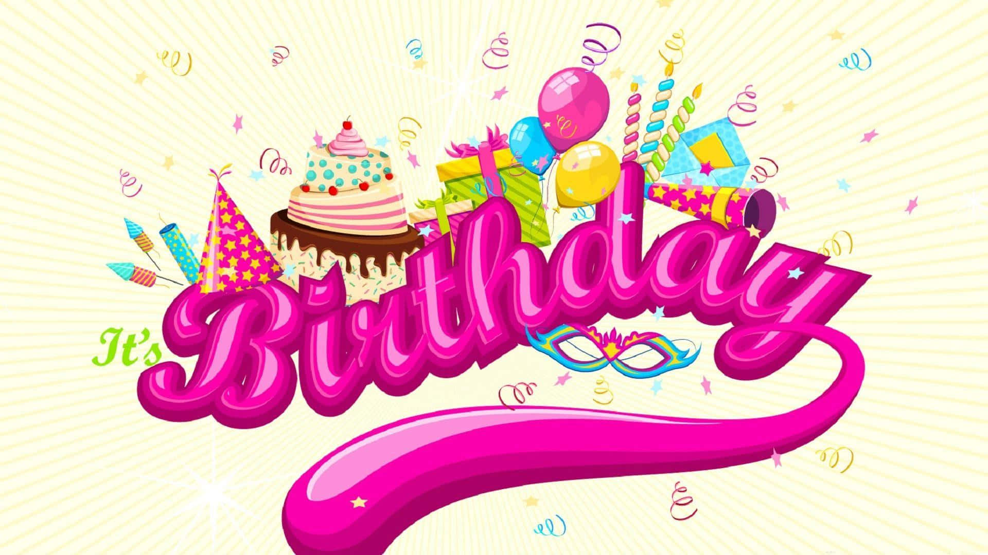 生日快樂 桌布 壁紙 — 充滿活力的生日慶祝圖案，蛋糕、氣球、禮物和五彩紙屑從大膽的粉紅色字體中迸發出來。