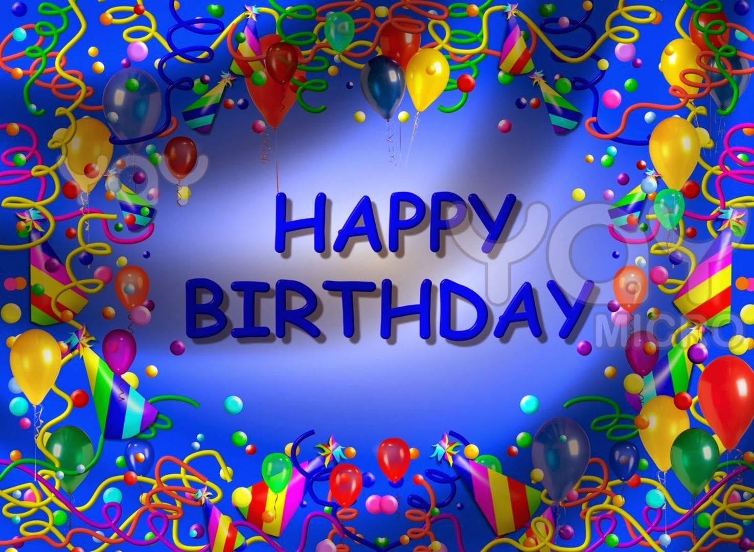 生日快樂 桌布 壁紙 — 充滿活力的生日慶祝活動，色彩繽紛的氣球、彩帶和派對帽圍繞著漸變藍色背景上的粗體藍色文字。