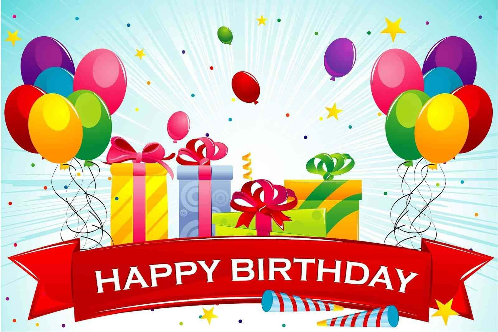 Birthday Wishes 桌布 壁紙 — 充滿活力的生日慶祝活動，色彩繽紛的氣球、禮物和五彩紙屑從紅色橫幅中散發出來。