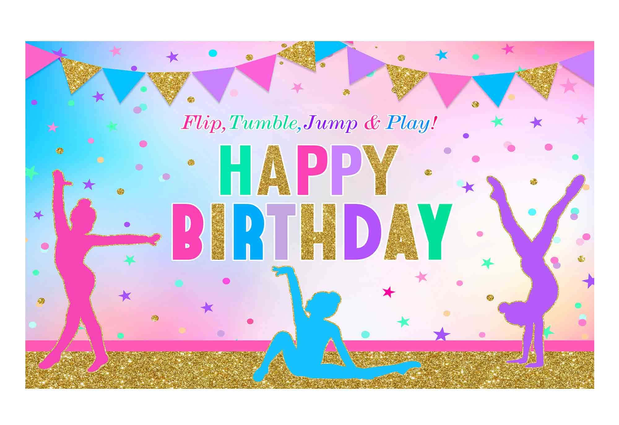 體操 桌布 壁紙 — 充滿活力的生日橫幅，帶有閃亮的粉紅色、藍色和金色，以體操運動員剪影和節日彩旗為特色，背景為柔和漸變色。