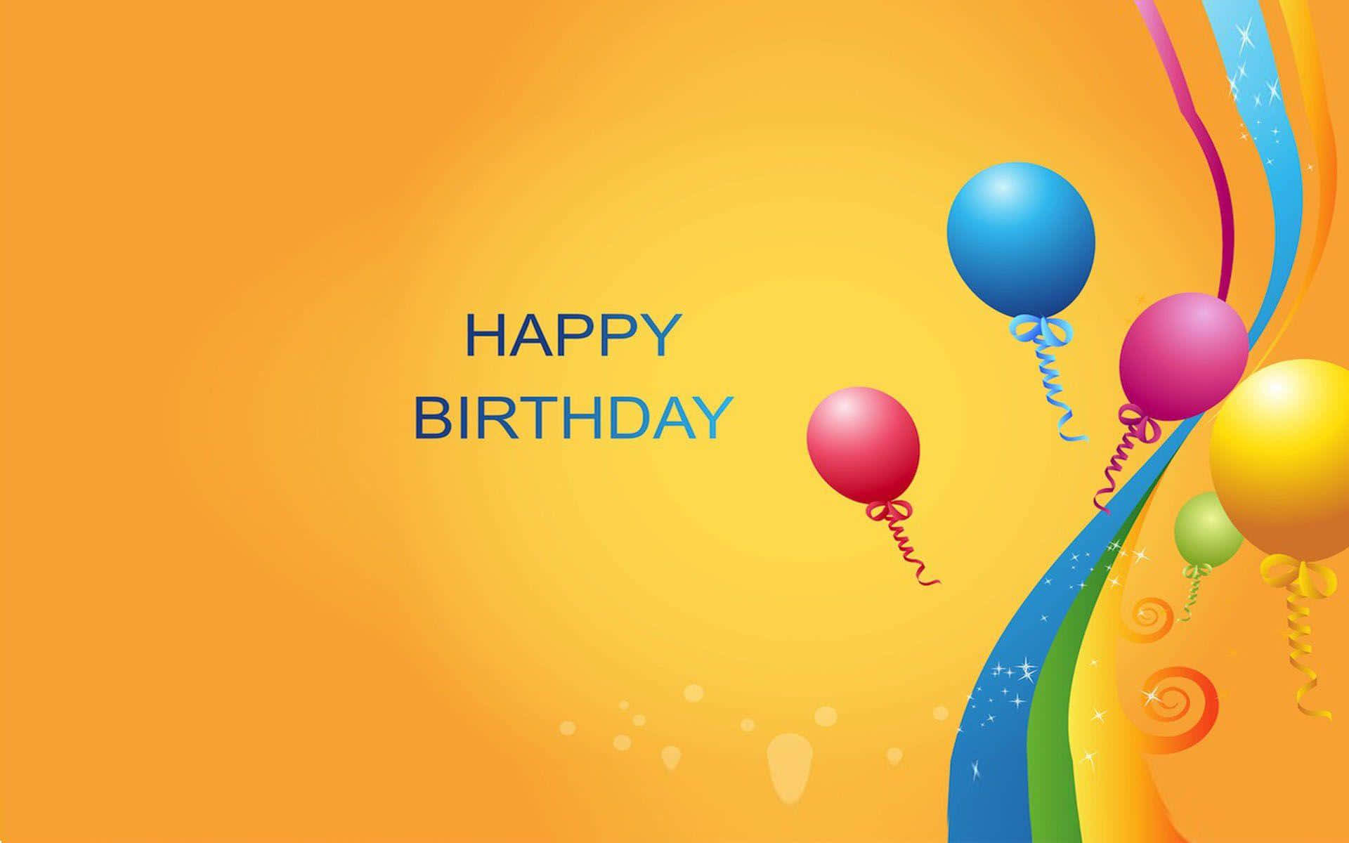 Happy Birthday Balloons 桌布 壁紙 — 充滿活力的生日祝福，帶有漂浮的氣球和彩虹色綵帶，背景是溫暖的橙色漸變。