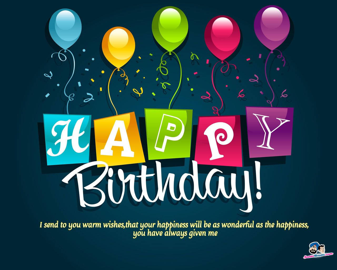 生日快樂 桌布 壁紙 — 充滿活力的生日祝福，色彩繽紛的氣球和五彩紙屑漂浮在粗體大字「HAPPY Birthday!」上方，背景為深藍色。
