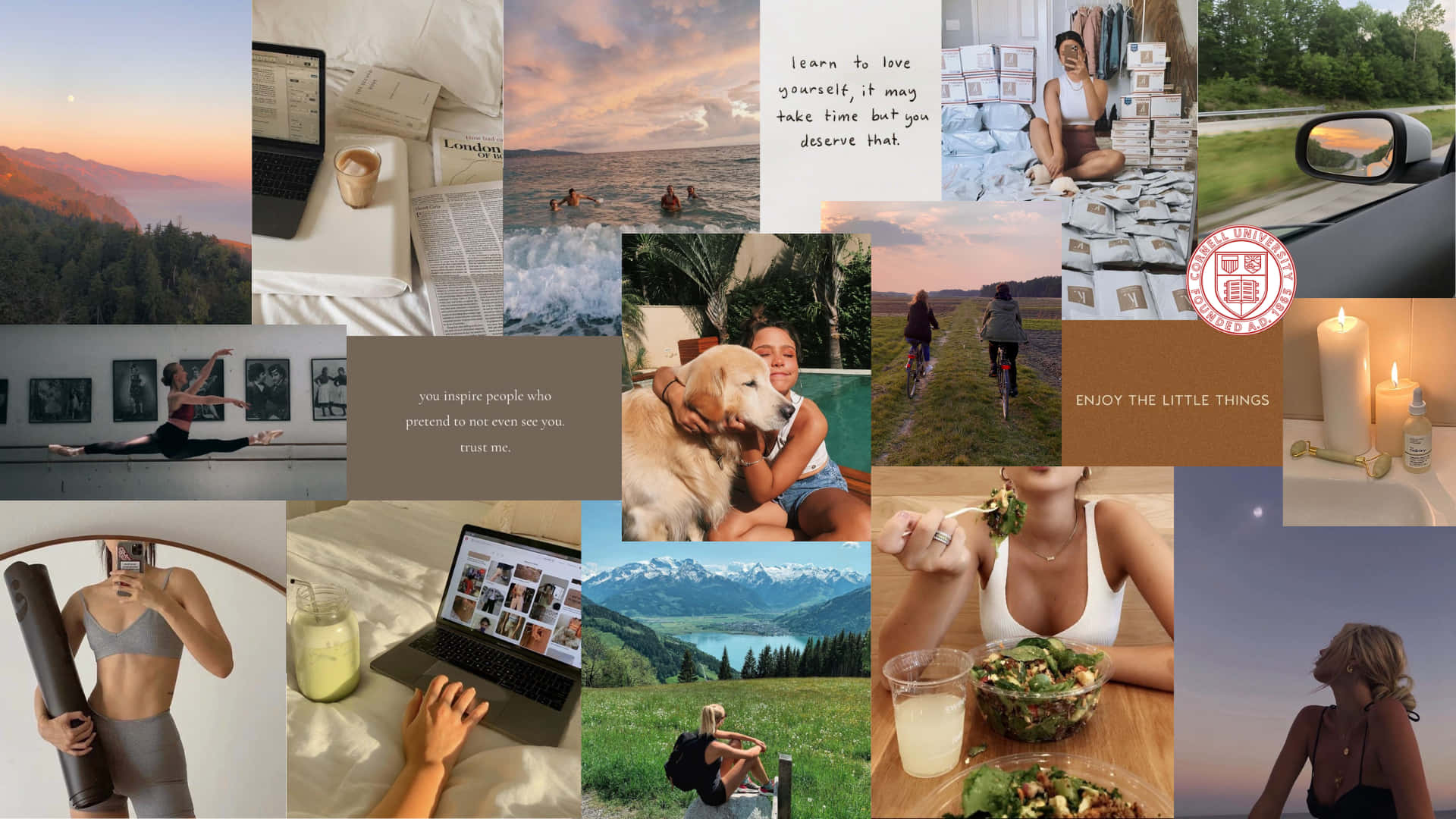 Life Aesthetic 桌布 壁紙 — 充滿活力的生活風格時刻拼貼，包括瑜伽、海灘日落、騎自行車以及帶有勵志名言的舒適室內設計。