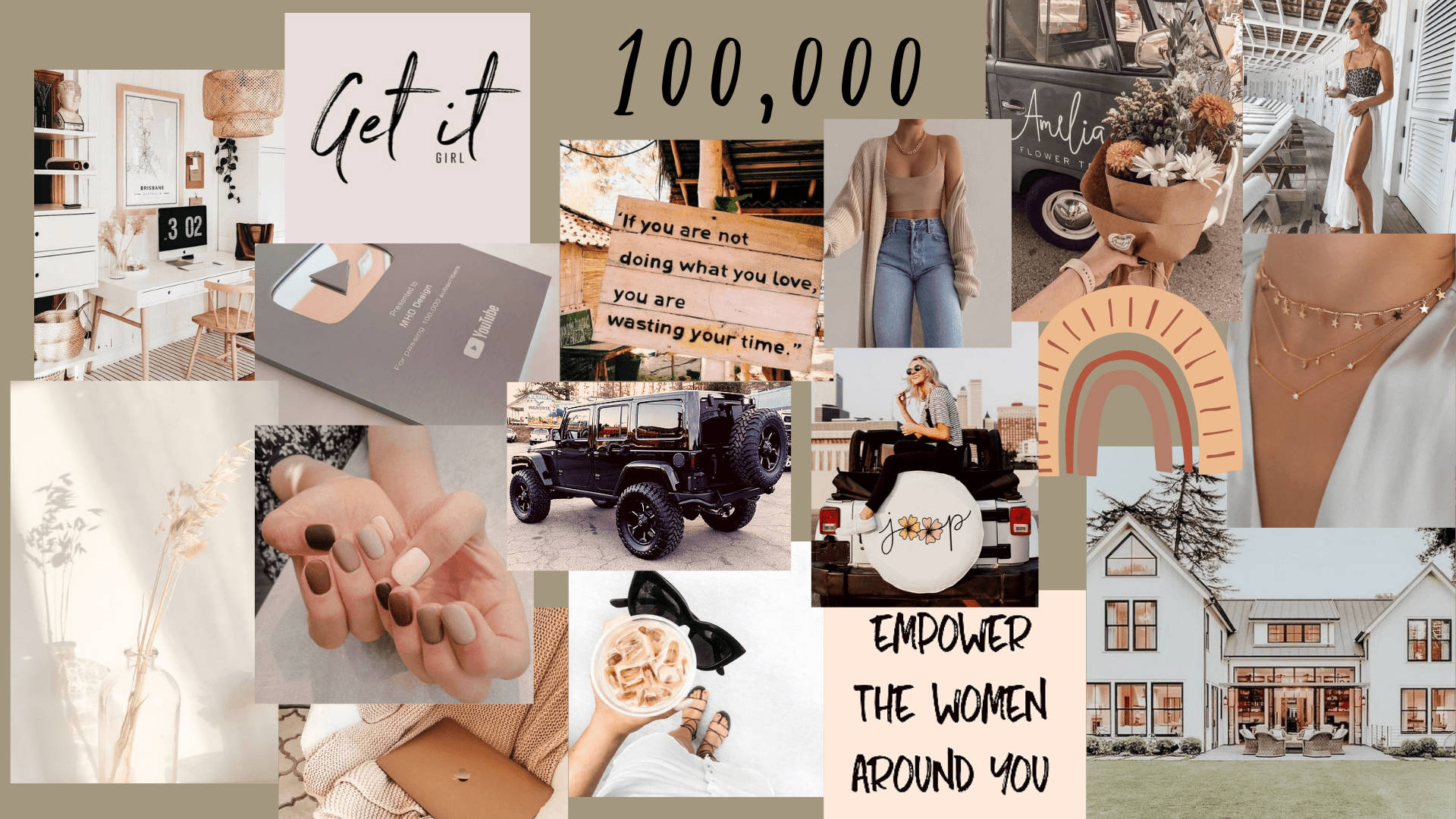 Neutral Aesthetic 桌布 壁紙 — 充滿活力的生活風格時刻拼貼畫， featuring 女性在舒適的室內環境、時尚服裝、勵志名言和帶有溫暖大地色調的鄉村風格裝飾。