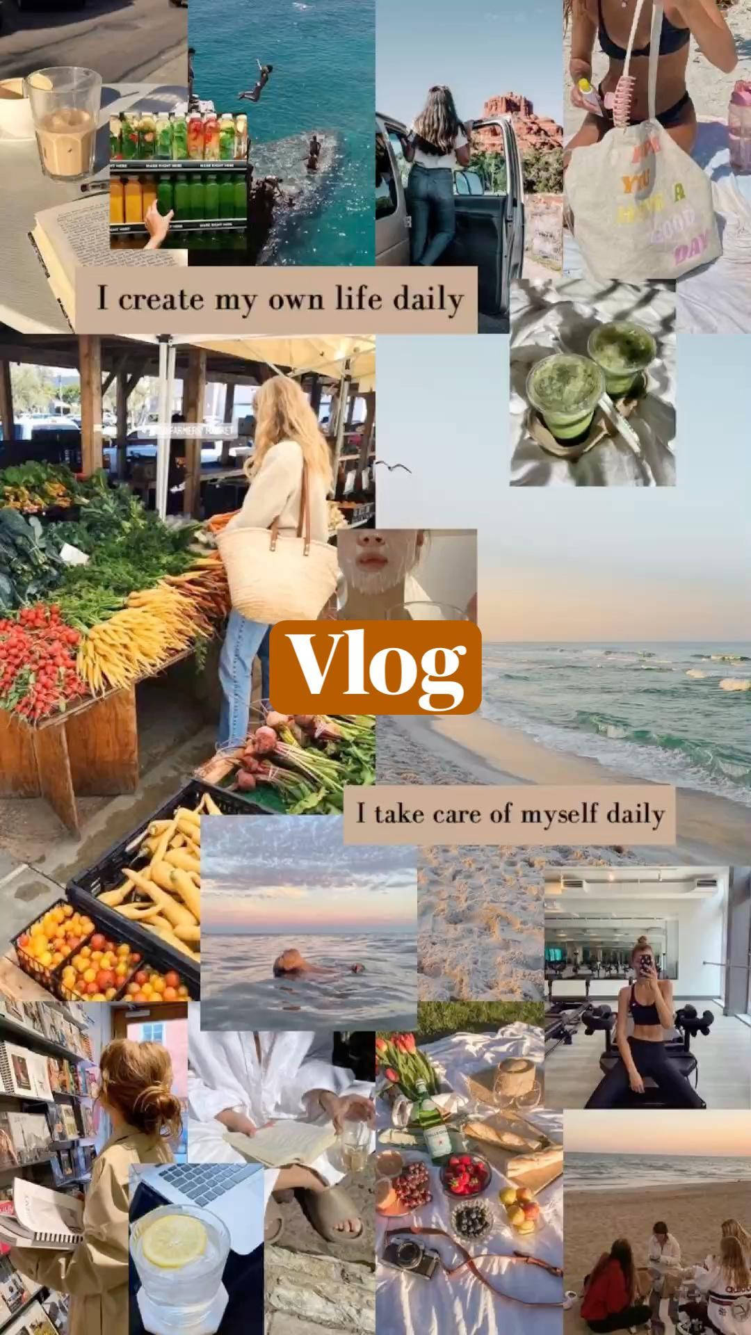 That Girl Aesthetic 桌布 壁紙 — 充滿活力的生活風格時刻拼貼畫，包含海灘場景、新鮮農產品市場、舒適的室內時刻和健康儀式。