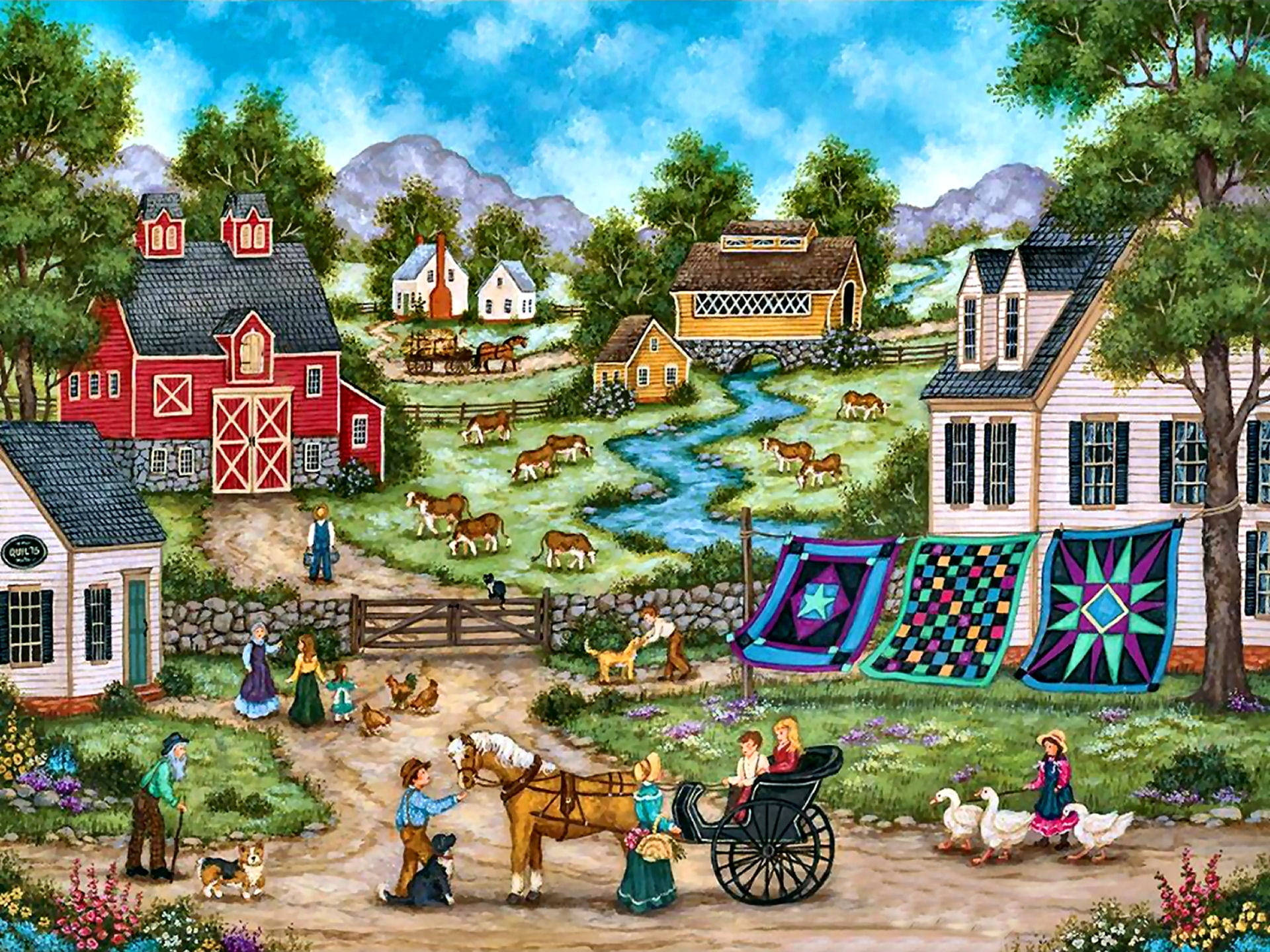 Farmhouse 桌布 壁紙 — 充滿活力的田園風光，有紅色穀倉、拼布布料，人們在明亮的藍天下與馬匹和鵝互動。