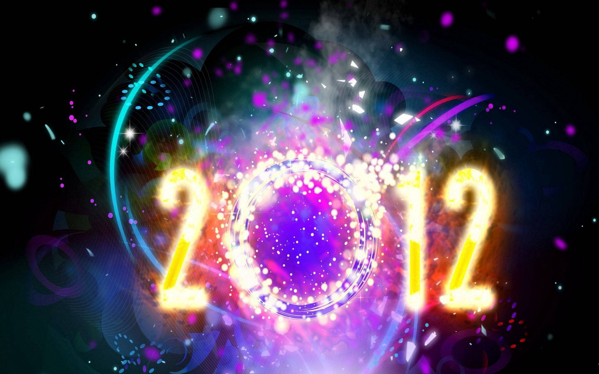 New 桌布 壁紙 — 充滿活力的發光2012數字在黑暗的宇宙背景下爆發出彩色粒子和旋轉的光跡。