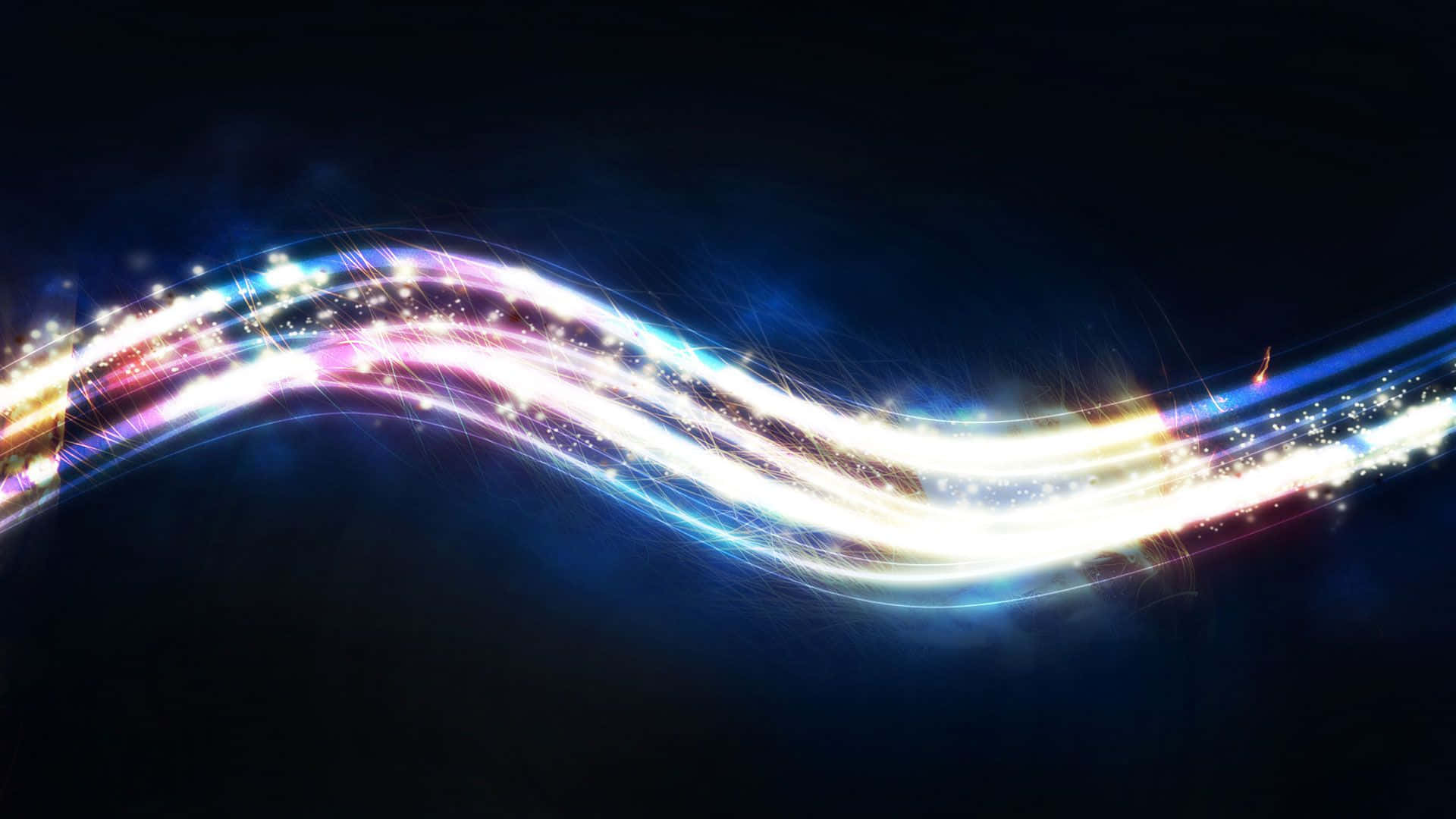 glow 桌布 壁紙 — 充滿活力的發光光跡在深藍色宇宙虛空中動態彎曲，伴有閃爍的粒子。