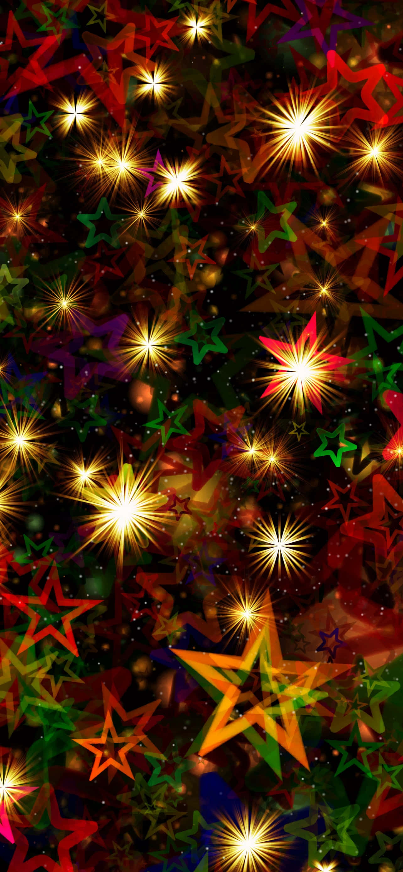 Christmas Star 桌布 壁紙 — 充滿活力的發光星星以紅色、綠色和金色在深色節日背景上綻放，營造出耀眼的節日閃爍效果。