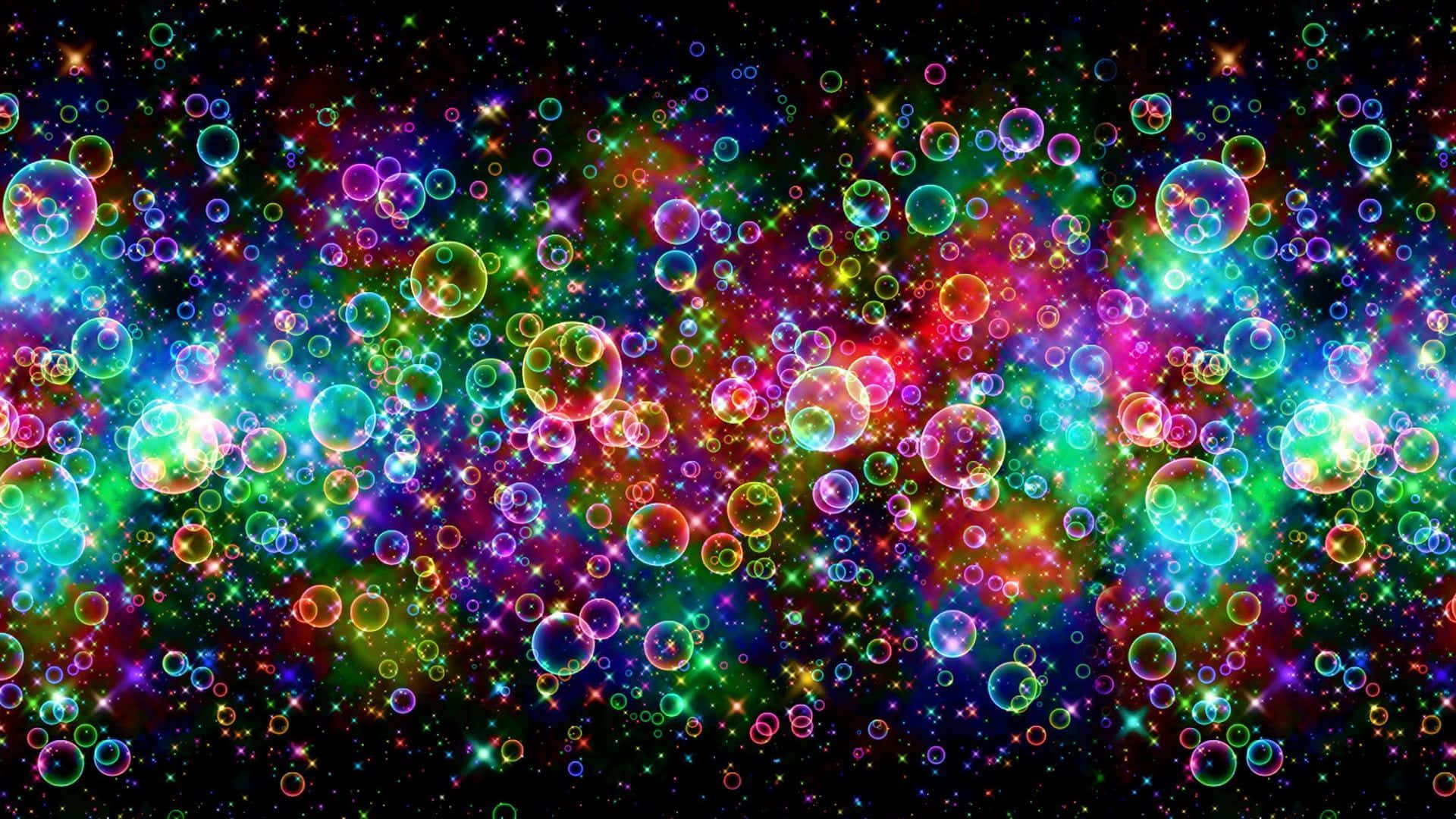彩色動圖 桌布 壁紙 — 充滿活力的發光氣泡在閃爍的星星之間漂浮，背景是宇宙般的黑暗。