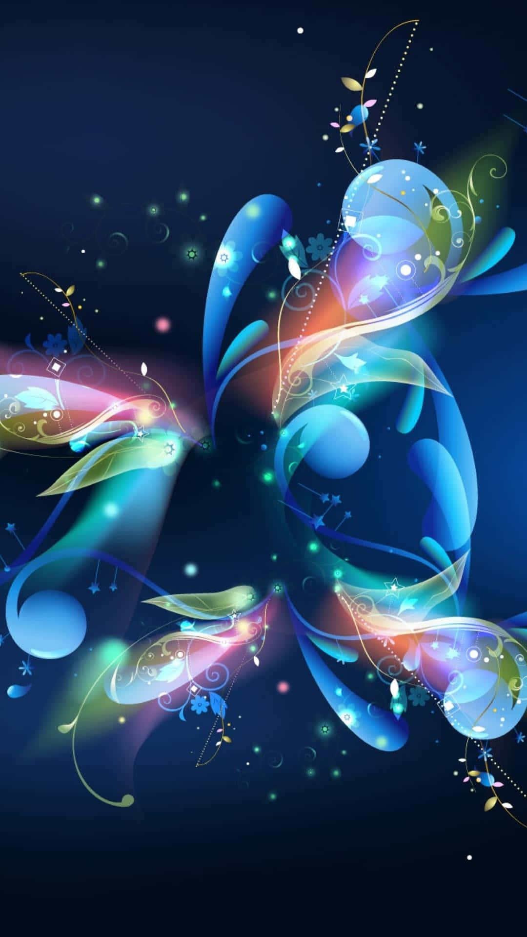 3d Galaxy 桌布 壁紙 — 充滿活力的發光漩渦和花卉圖案在深藍色背景上舞動，構成動態數位藝術作品。