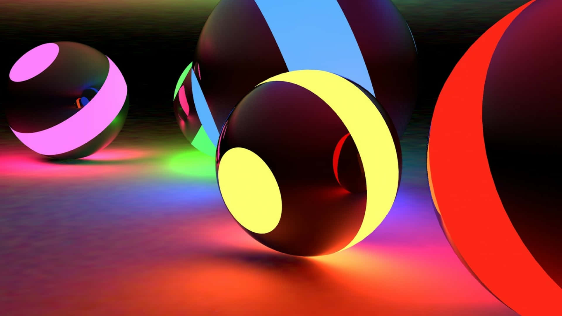 Light 桌布 壁紙 — 充滿活力的發光球體帶有霓虹條紋，在數位3D渲染場景中於黑暗表面上投射出色彩繽紛的倒影。