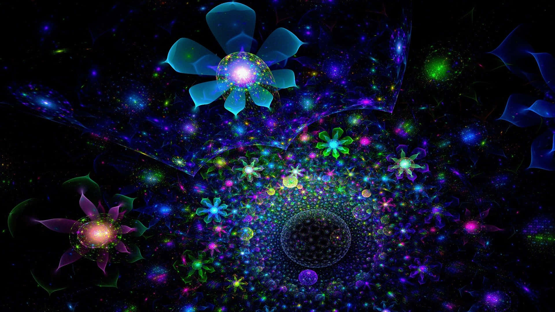 碎形 桌布 壁紙 — 充滿活力的發光碎形花朵在充滿閃爍星星和旋轉宇宙塵埃的宇宙星雲中綻放。