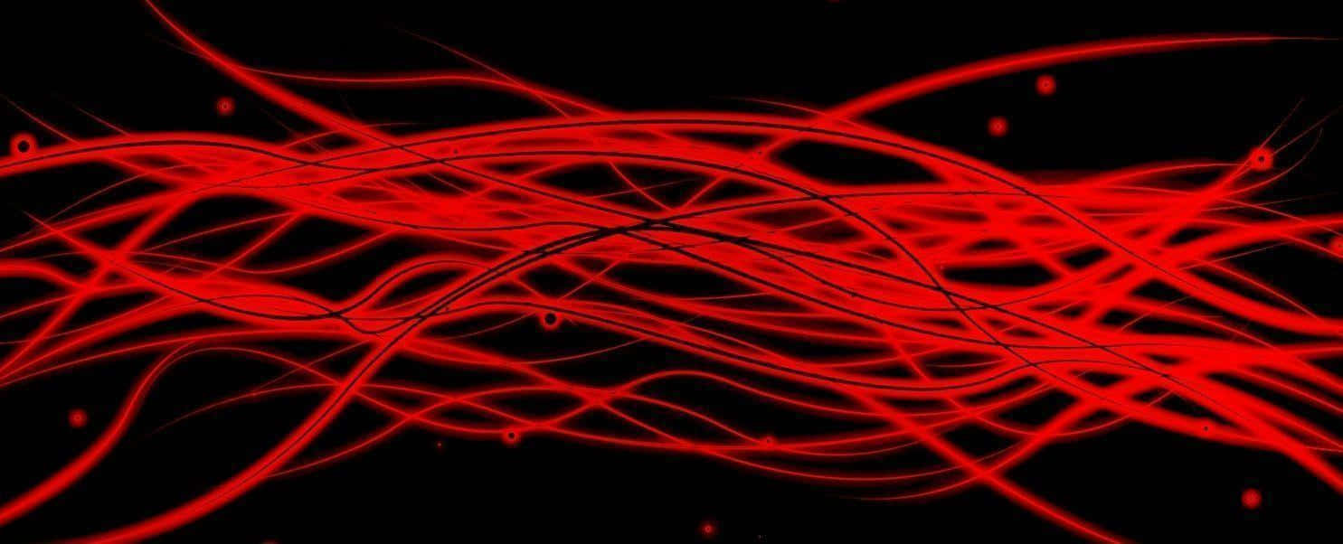 Black Red Neon 桌布 壁紙 — 充滿活力的發光紅色能量絲線在深邃的黑色虛空中動態流動，散落著發光的球體。