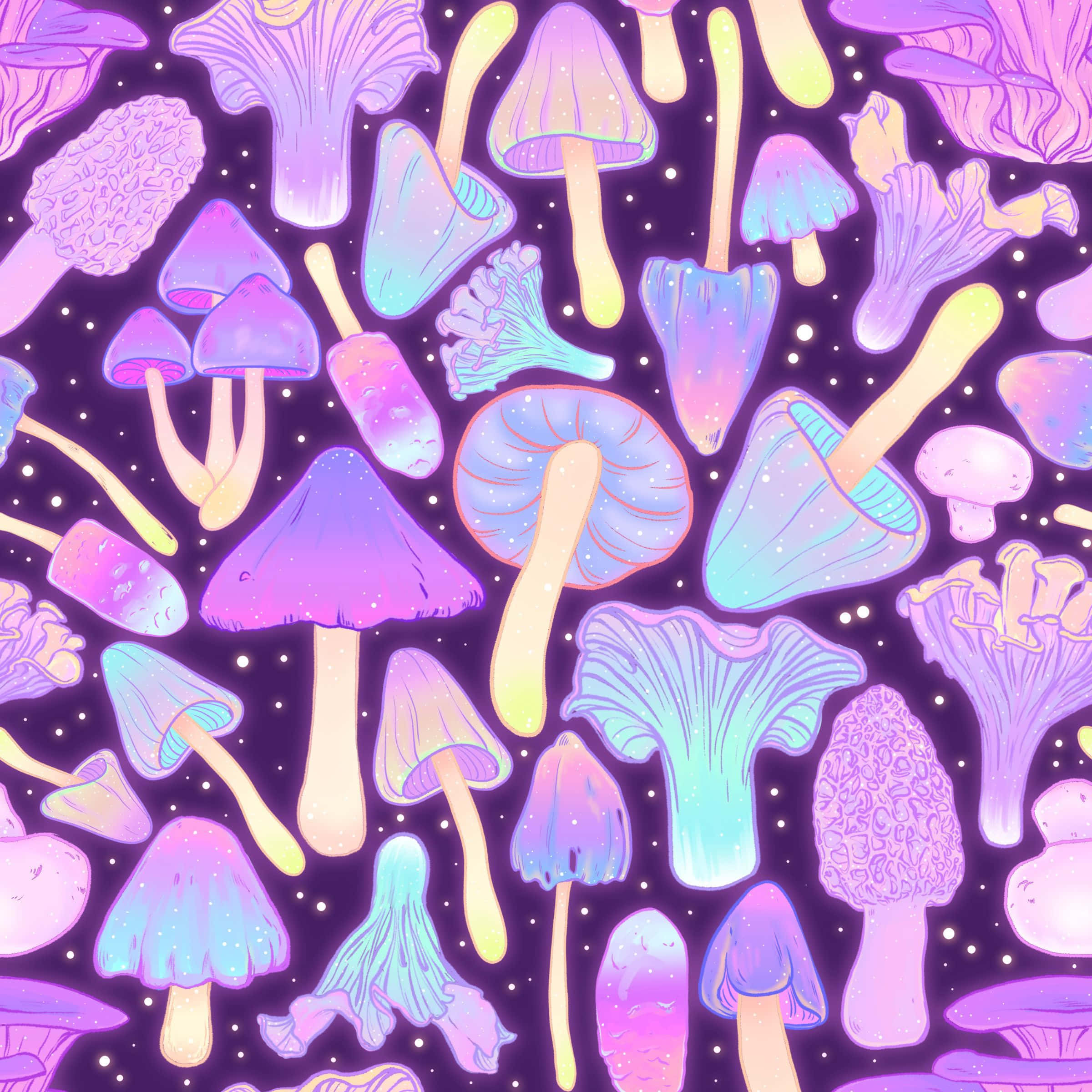Mushroom Phone 桌布 壁紙 — 充滿活力的發光蘑菇，以粉紫色和藍色呈現，漂浮在星光閃爍的宇宙夜空中。