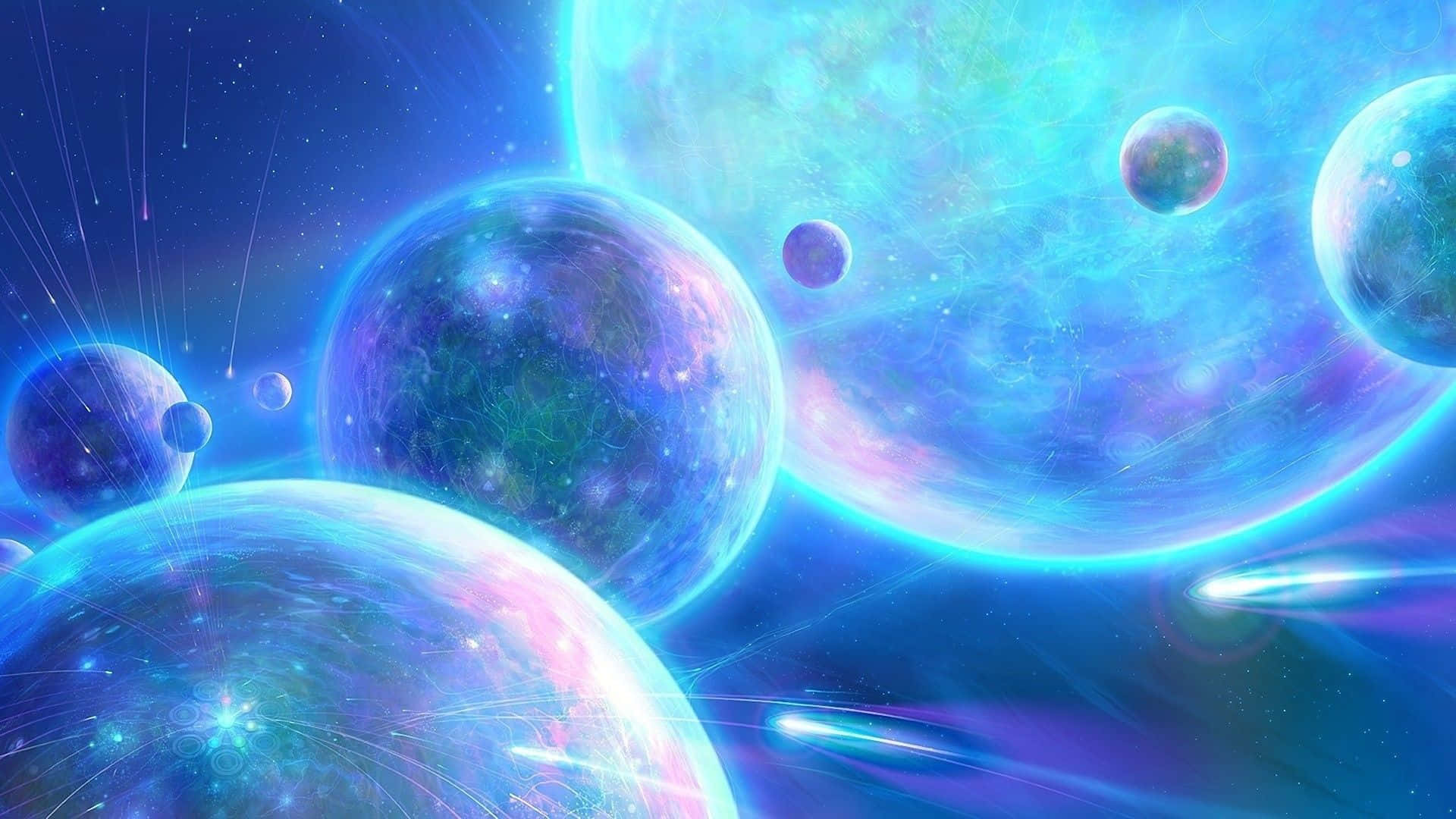 Beautiful Space 桌布 壁紙 — 充滿活力的發光行星和流星漂浮在沐浴在電光藍和紫色色調的宇宙星雲中。