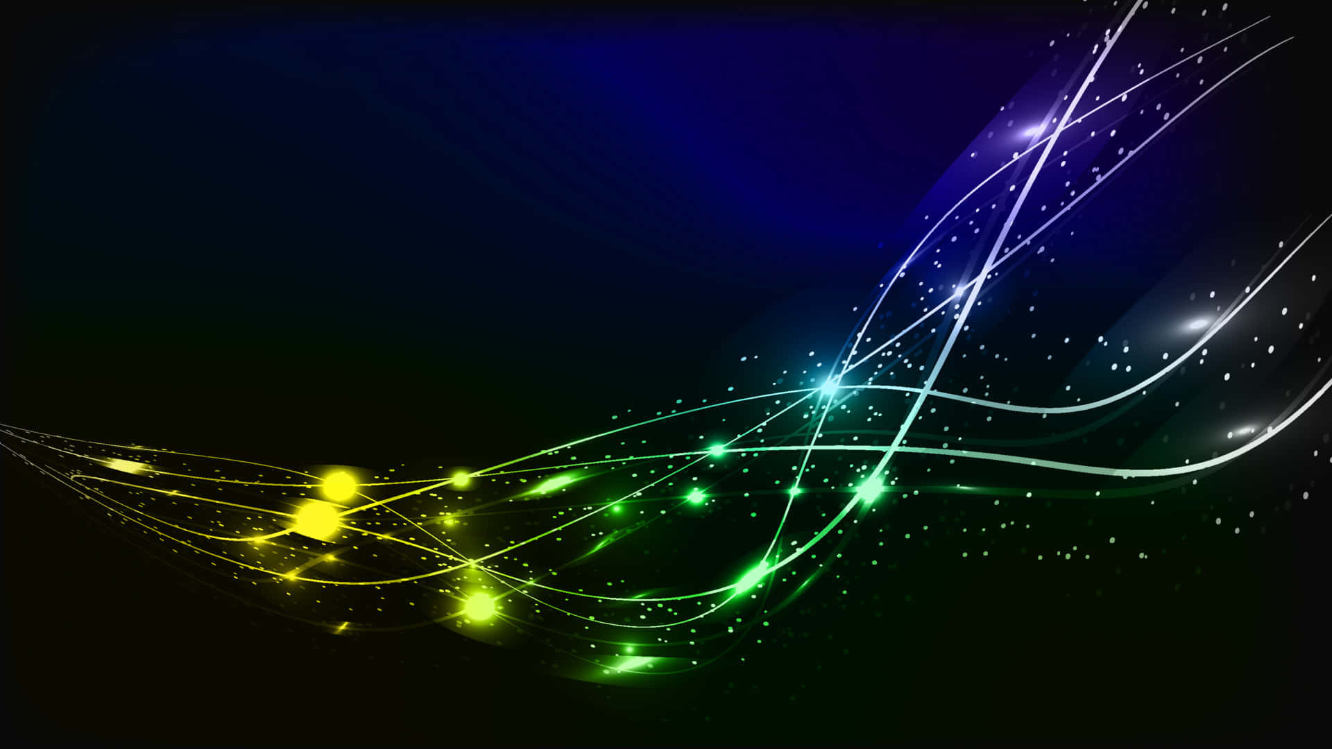 Beautiful Neon 桌布 壁紙 — 充滿活力的發光霓虹波浪，以綠色、黃色和白色在深藍色漸變背景上劃過，並帶有閃爍的粒子。