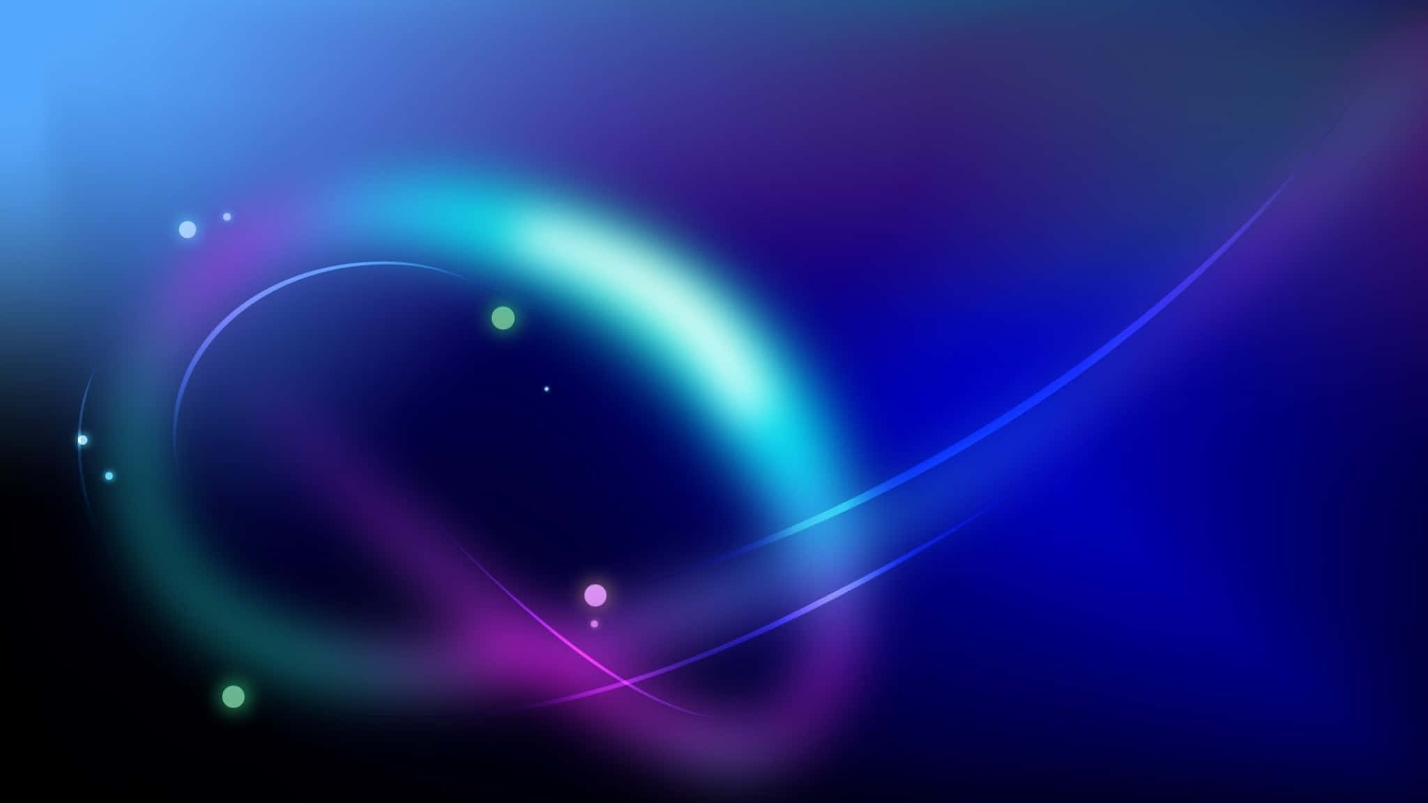 2048x1152 桌布 壁紙 — 充滿活力的發光霓虹漩渦，以電光藍和紫色在深色漸變背景上延伸，並帶有漂浮的光粒子。