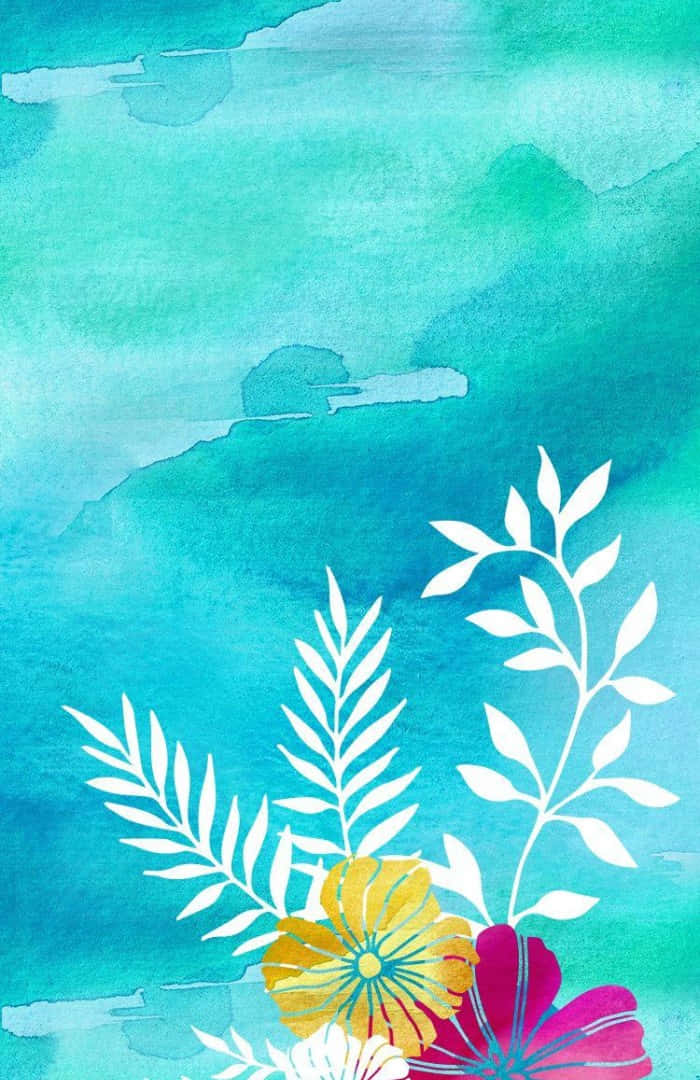 Watercolor 桌布 壁紙 — 充滿活力的白色花卉剪影和色彩繽紛的花朵漂浮在夢幻般的藍綠色水彩漸變背景上。