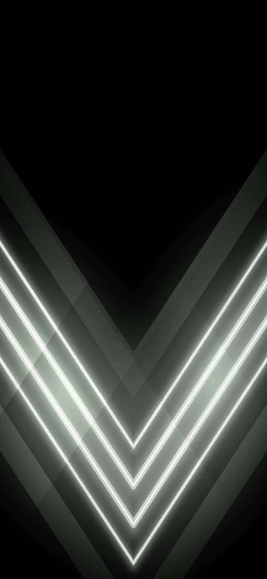White Neon 桌布 壁紙 — 充滿活力的白色霓虹線條在深黑色背景上形成收斂的V形，營造出未來感的數位隧道效果。