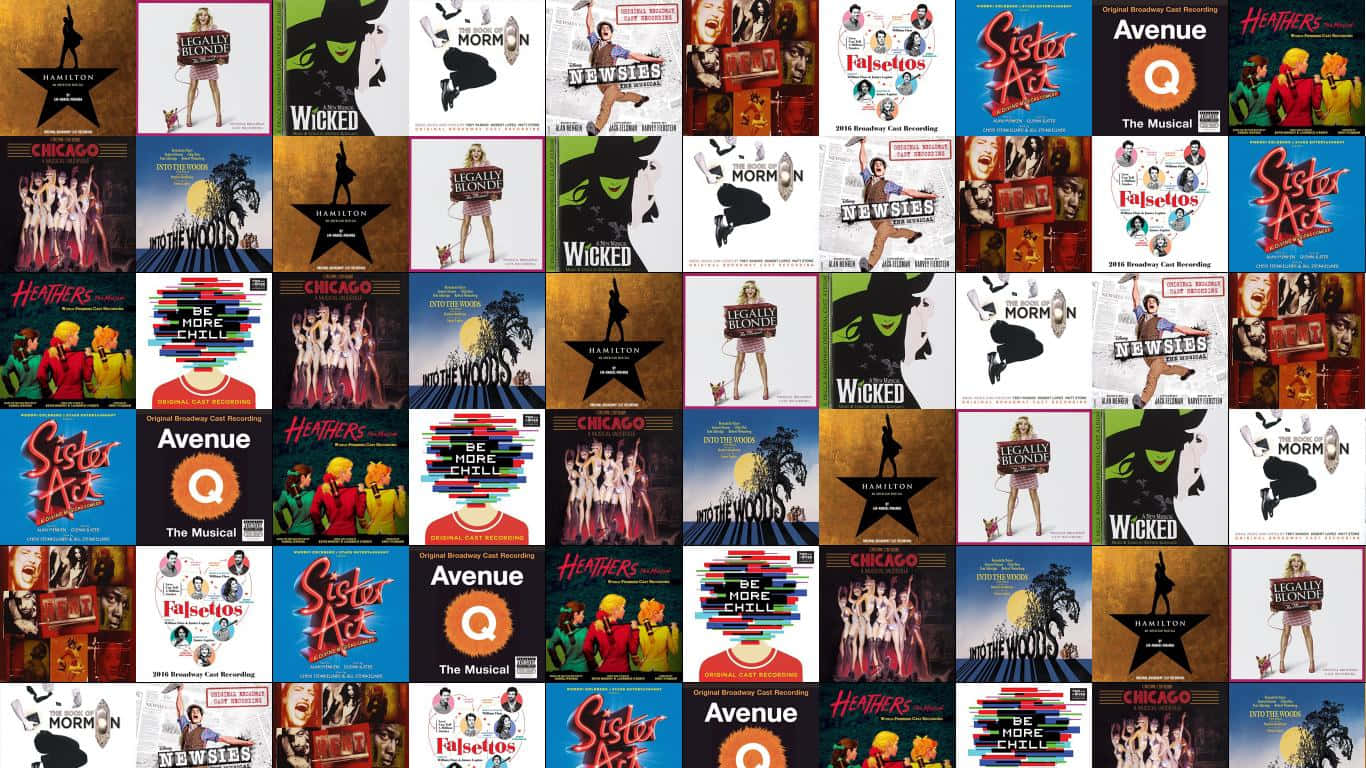 Musical 桌布 壁紙 — 充滿活力的百老匯音樂劇海報藝術網格，以《邪惡壞女巫》、《漢密爾頓》和《修女也瘋狂》等標誌性劇目為特色，色彩大膽，角色風格化。