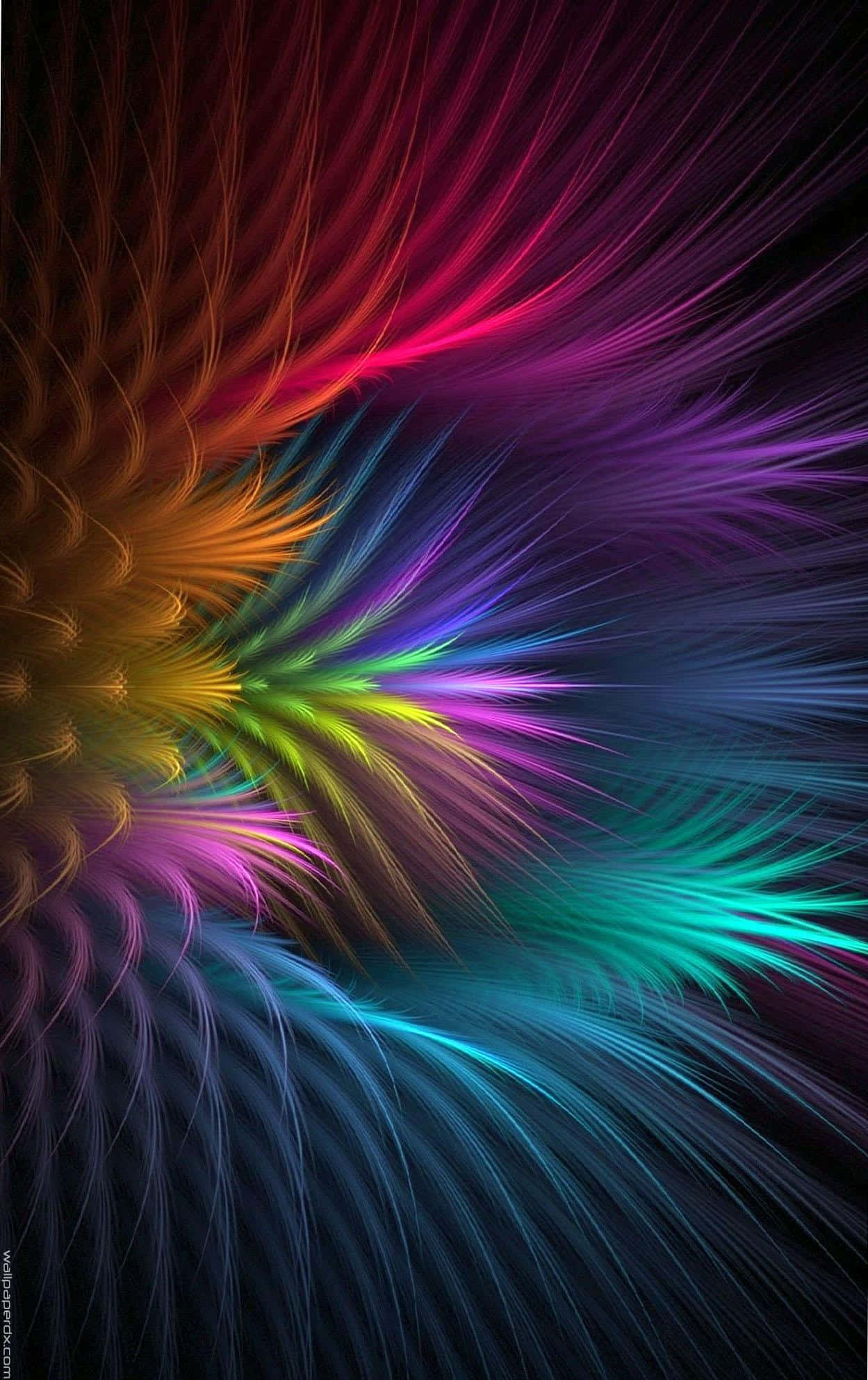 Color Phone 桌布 壁紙 — 充滿活力的碎形卷鬚在黑色虛空中爆發成彩虹般的爆炸，營造出迷幻的數位爆炸效果。