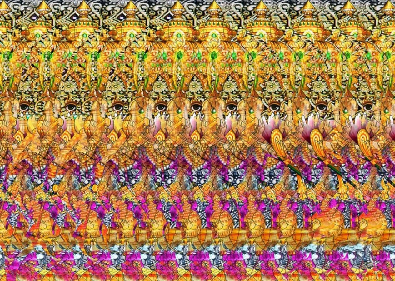 抽象 桌布 壁紙 — 充滿活力的碎形圖案，帶有重複的金色華麗面具和紫色花卉圖案，呈現萬花筒般的對稱。