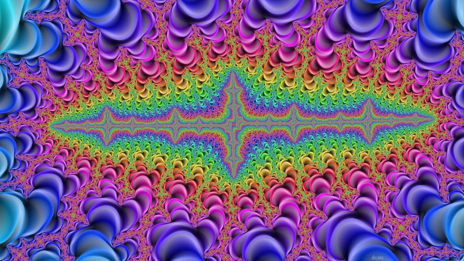 嬉皮 桌布 壁紙 — 充滿活力的碎形圖案以彩虹色調和光澤紫藍色形狀的對稱爆發向外輻射。