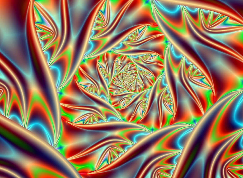 Trippy Neon Lights 桌布 壁紙 — 充滿活力的碎形圖案以紅色、綠色和藍色的發光霓虹色調向內螺旋，形成迷人的數位漩渦。