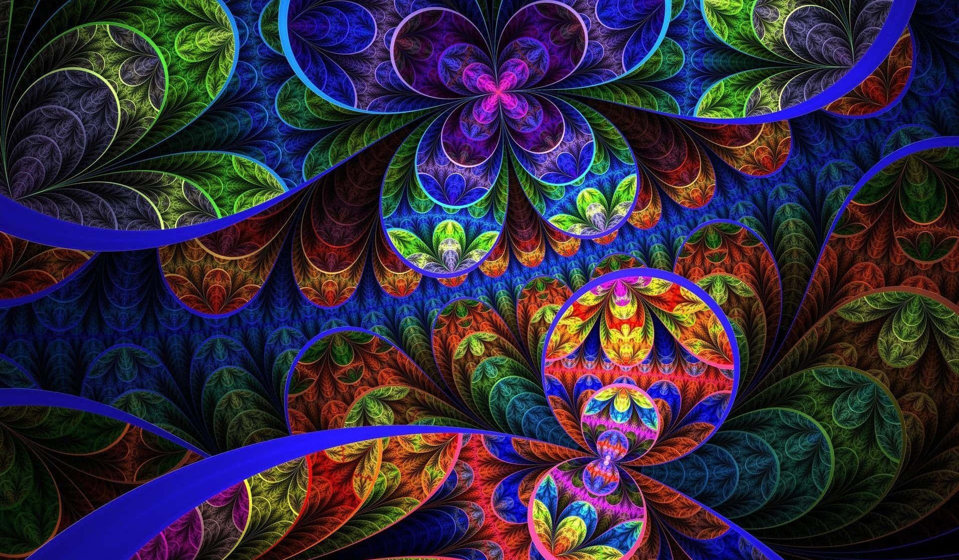 迷幻 桌布 壁紙 — 充滿活力的碎形圖案以藍色、綠色和紫色的迷幻色調旋轉，創造出迷人的數位藝術作品。