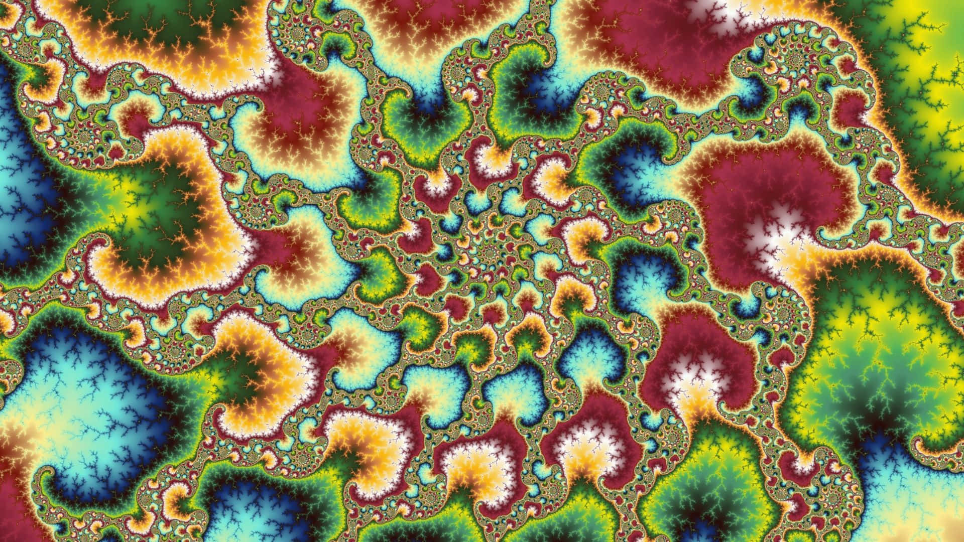 Psychedelic Fractals 桌布 壁紙 — 充滿活力的碎形圖案以迷幻色彩旋轉，創造出複雜而迷人的數位藝術作品。