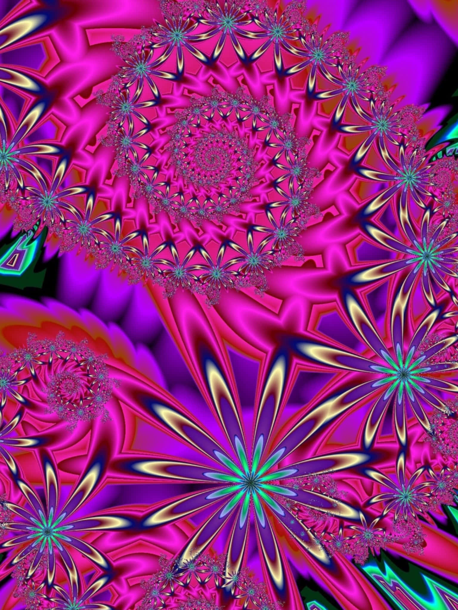Psychedelic Flowers 桌布 壁紙 — 充滿活力的碎形圖案在洋紅色和藍綠色中綻放，帶有發光的金色點綴，創造出迷人的數位萬花筒。