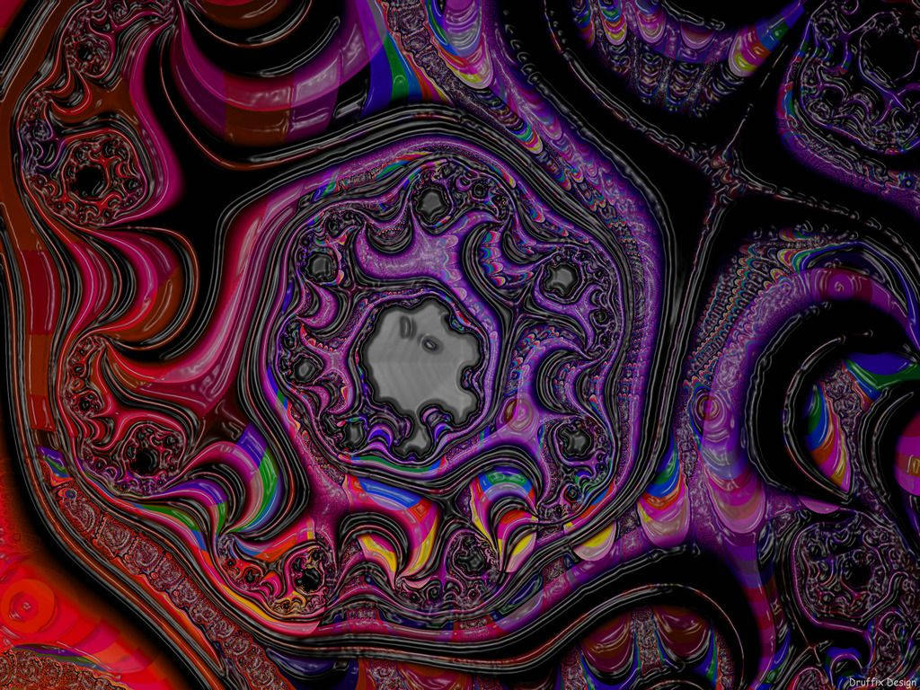 dye 桌布 壁紙 — 充滿活力的碎形圖案在深紫、紅和黑色中旋轉，營造出迷人的迷幻抽象設計。