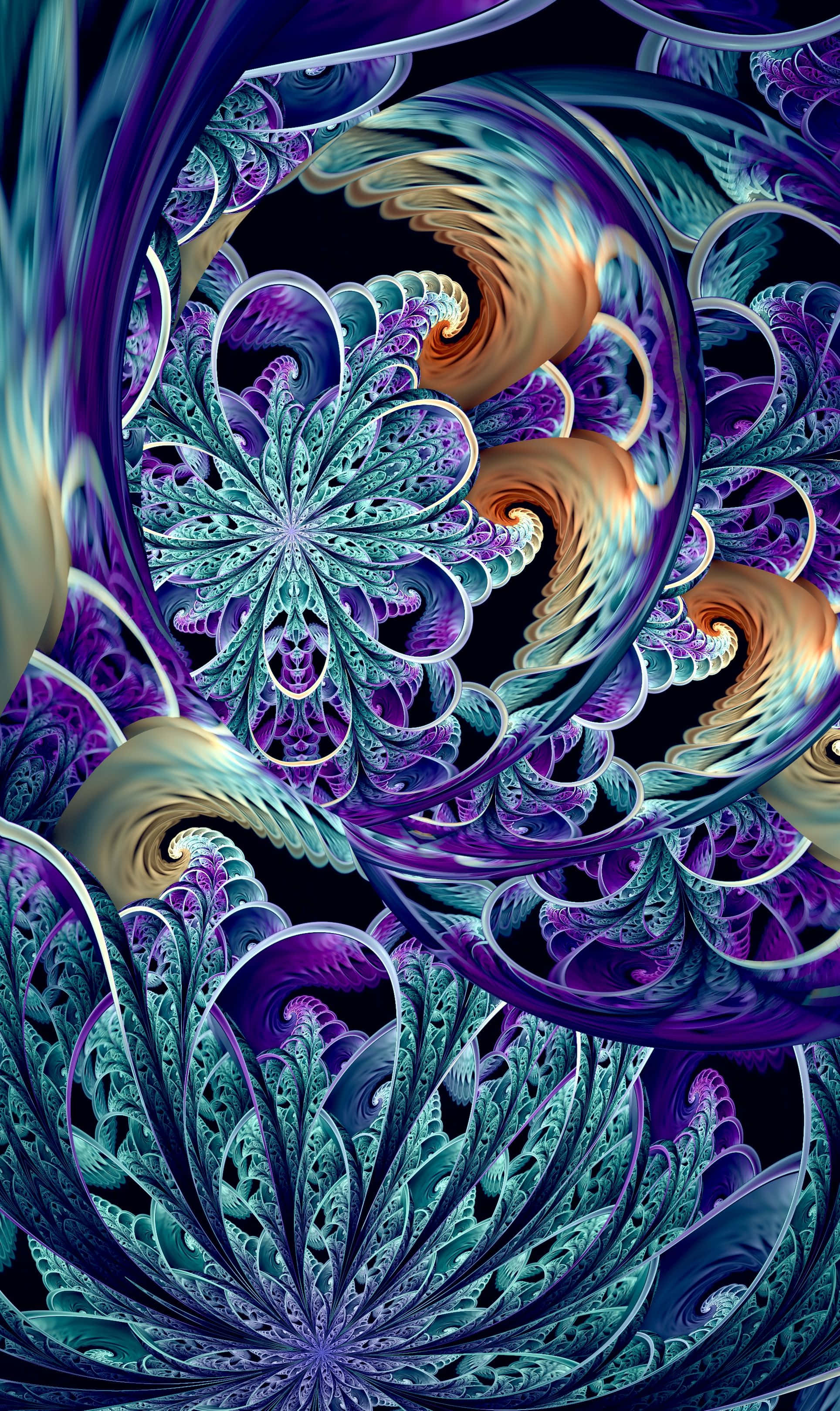 Trippy Fractals 桌布 壁紙 — 充滿活力的碎形圖案在深紫色、藍綠色和金色中旋轉，映襯著黑色虛空，營造出超凡脫俗的宇宙盛開景象。