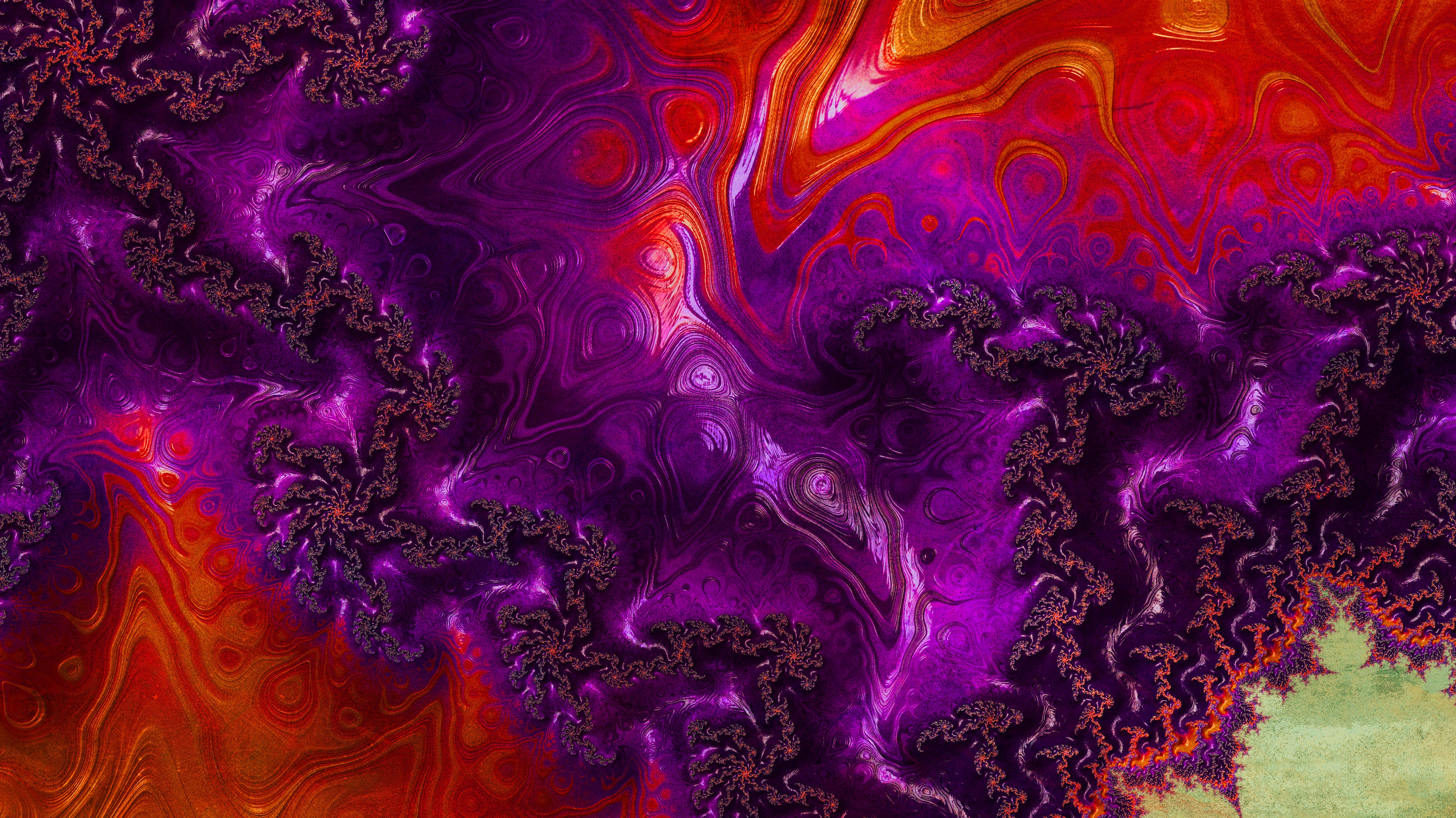 抽象 桌布 壁紙 — 充滿活力的碎形圖案在深紫色和火紅色中旋轉，創造出迷人的數位藝術作品。