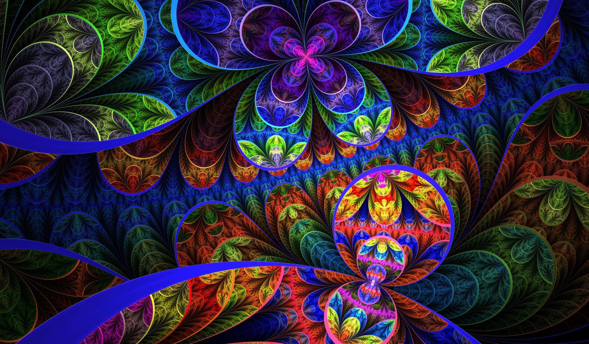 Trippy 3d Art 桌布 壁紙 — 充滿活力的碎形圖案在深色背景上以藍色、綠色和橙色的迷幻色調旋轉。