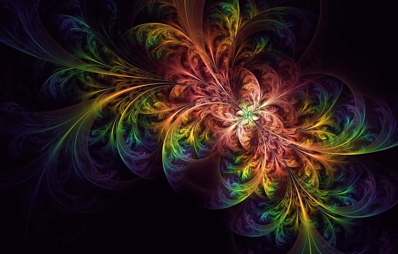 Abstraction 桌布 壁紙 — 充滿活力的碎形圖案在深黑色背景上形成燦爛的彩虹爆炸漩渦。