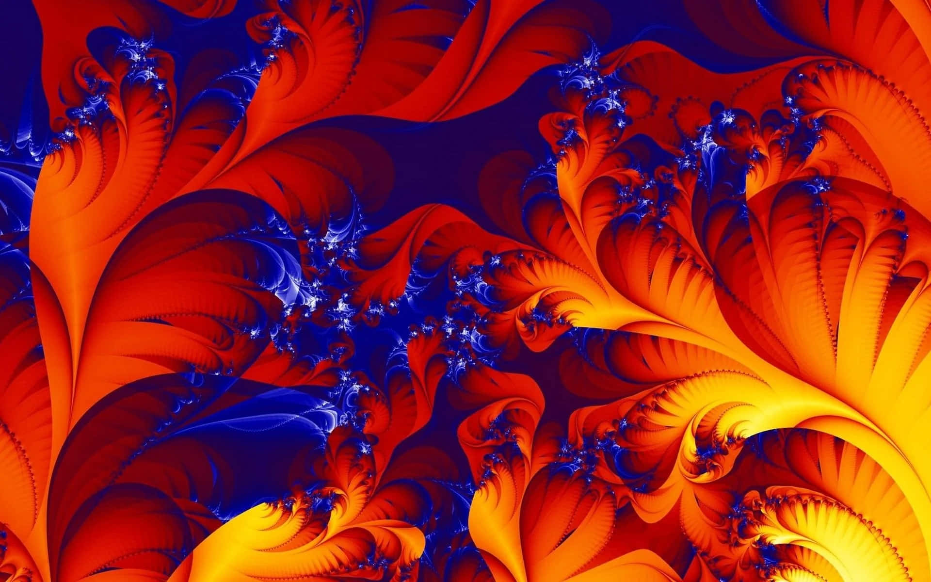 Orange And Blue 桌布 壁紙 — 充滿活力的碎形圖案在火橙色和深藍色中旋轉，形成動態的抽象構圖。