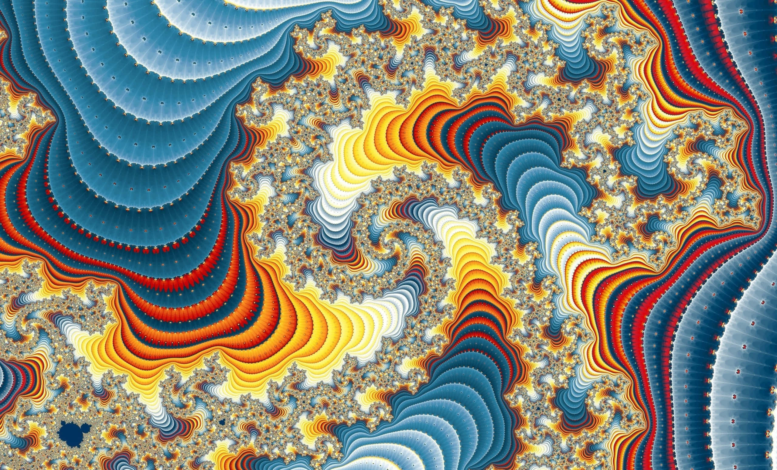 Psychedelic 3d Art 桌布 壁紙 — 充滿活力的碎形圖案在火熱的橙色和冷藍色中旋轉，創造出複雜的數位藝術品。