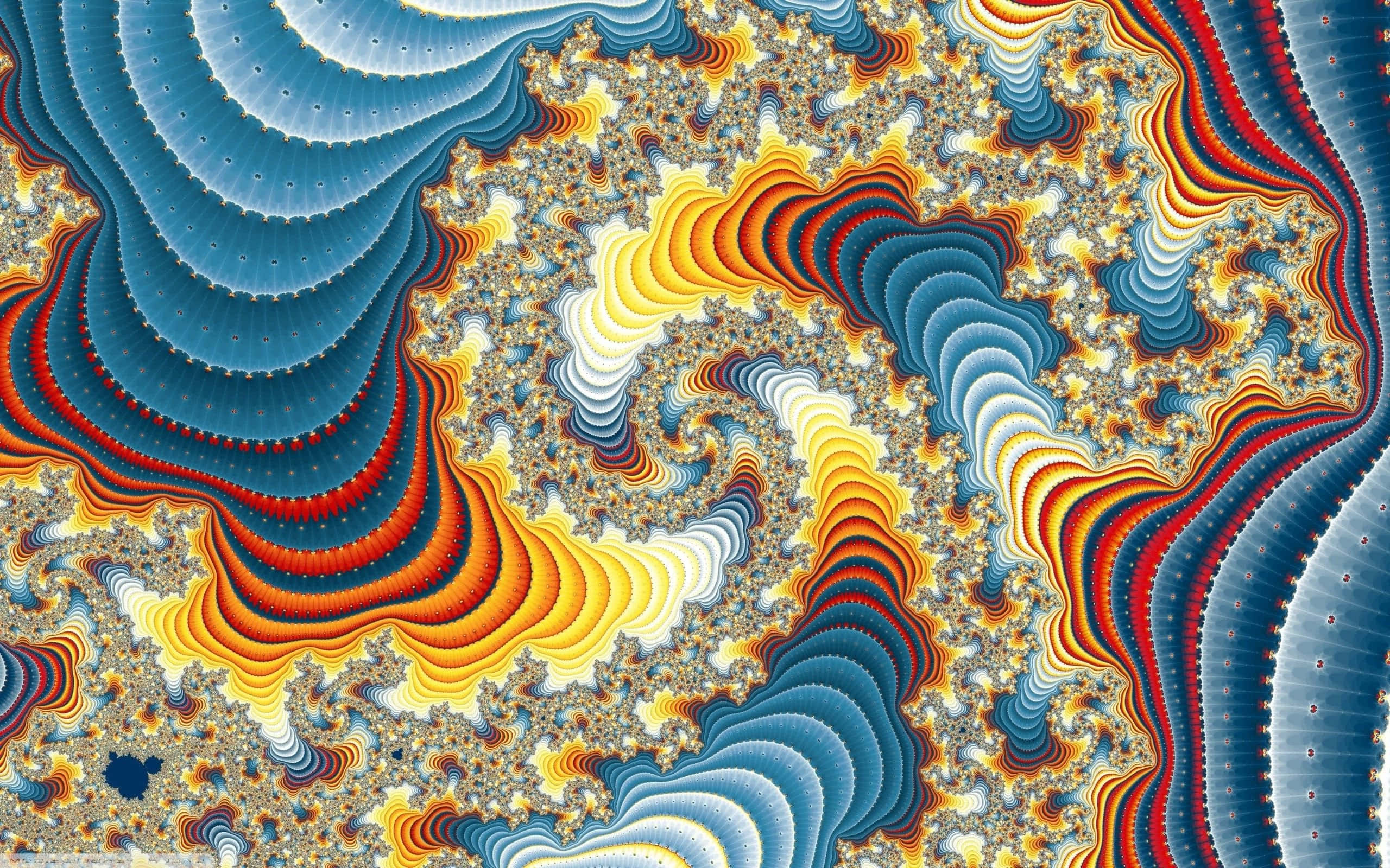 Psychedelic Nature 桌布 壁紙 — 充滿活力的碎形圖案在熾熱的橙色、紅色和冷藍色中旋轉，創造出複雜而迷人的數位藝術作品。