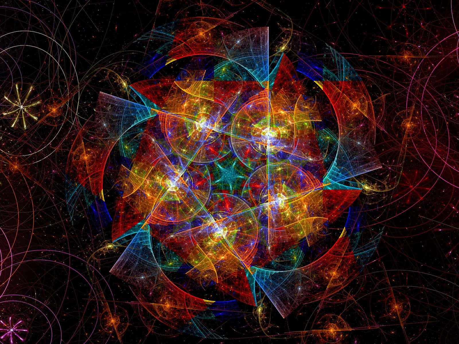 Abstraction 桌布 壁紙 — 充滿活力的碎形圖案在繁星點點的宇宙黑色背景上以火紅、藍色和黃色爆炸開來。